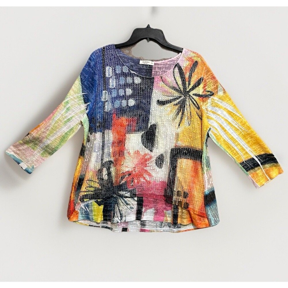 Jess & Jane Top Net Overlay Pullover Women's XL Abstract Colorful USA Made